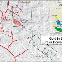Gold-in-soil anomaly at Eureka Dome and location of placer creeks in the area