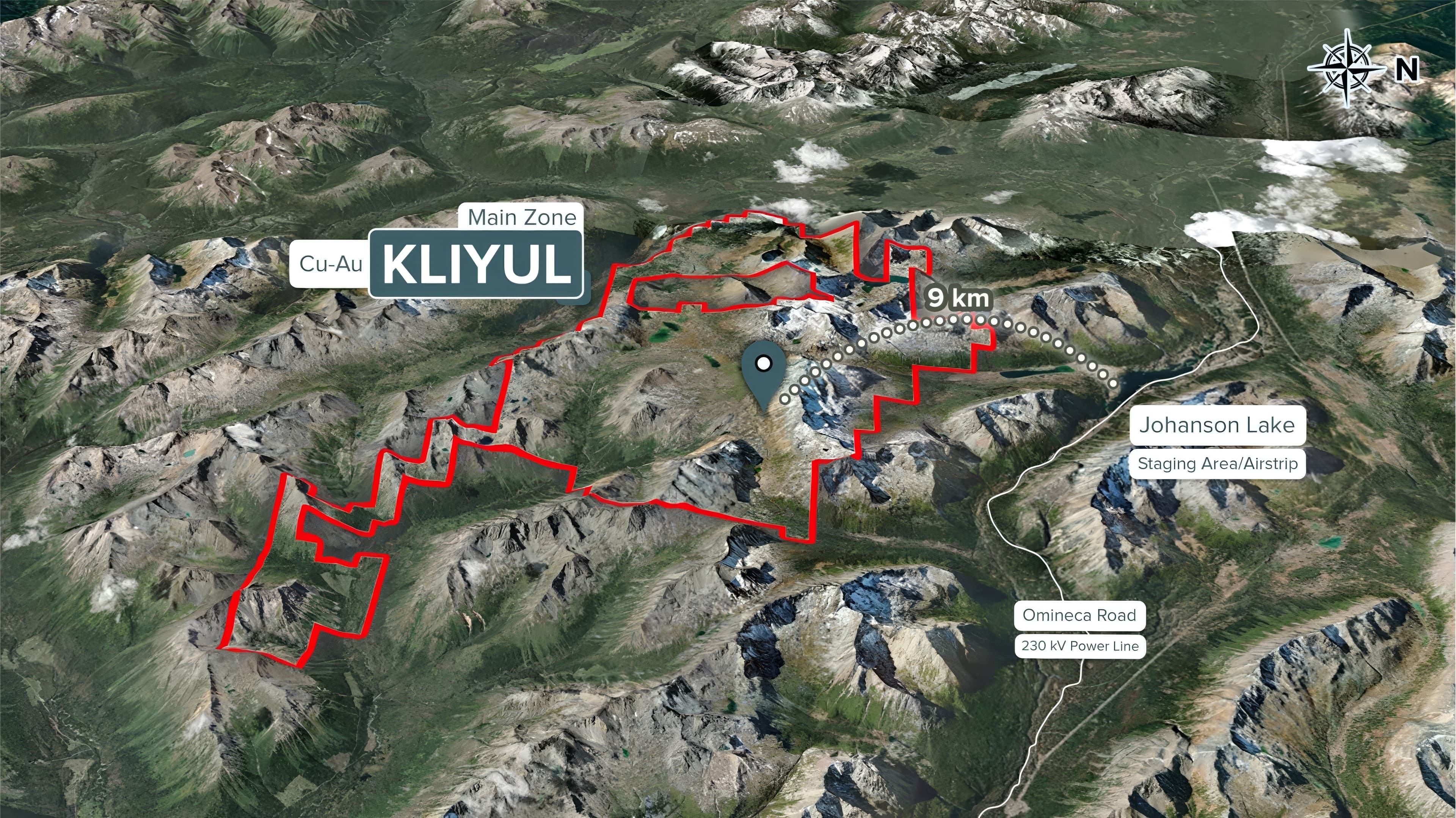3D terrain view of the Kliyul claim block with the Omineca Road and 230 kV power line to the east