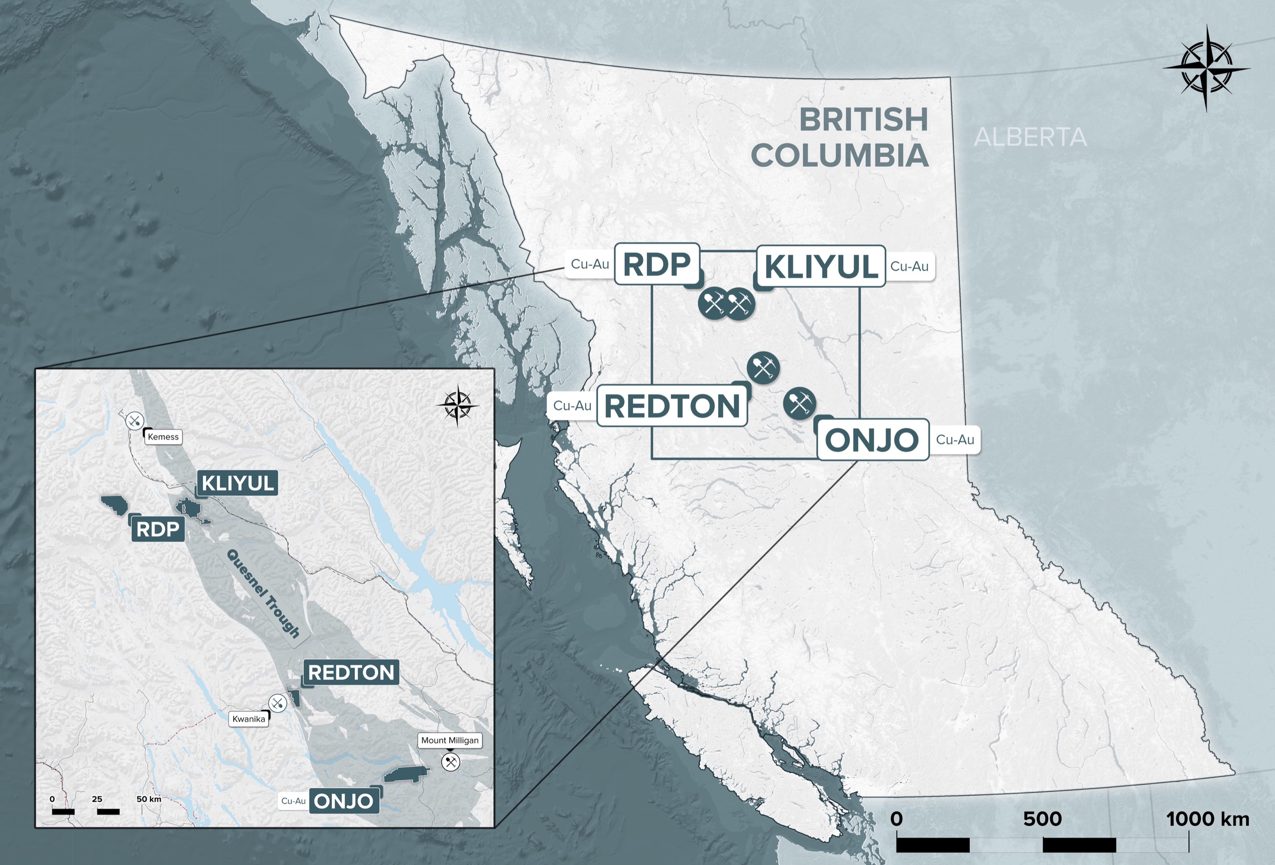 British Columbia locator map showing Pacific Ridge's Kliyul, RDP, Redton and Onjo projects